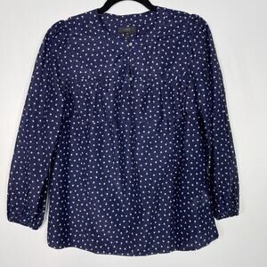 J Crew Womens 2XS Navy Blue Ruffle Tiny Cherries Printed Blouse Top Long Sleeve